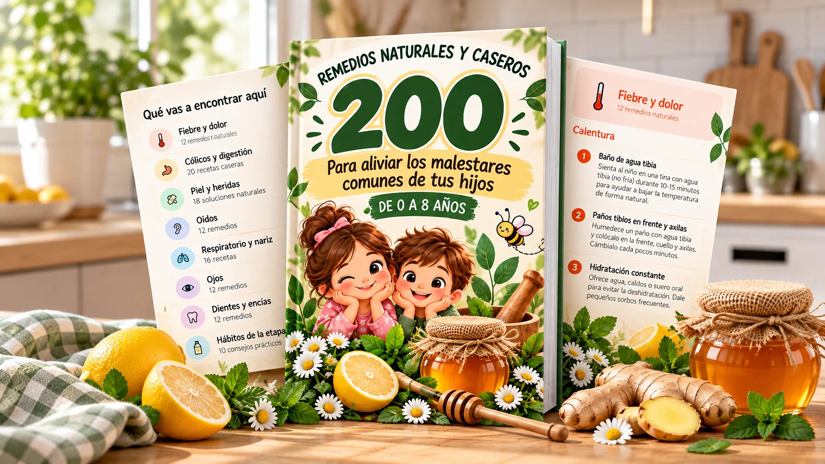 Presentación completa de la guía digital 200 Remedios Naturales y Caseros con su portada y páginas interiores